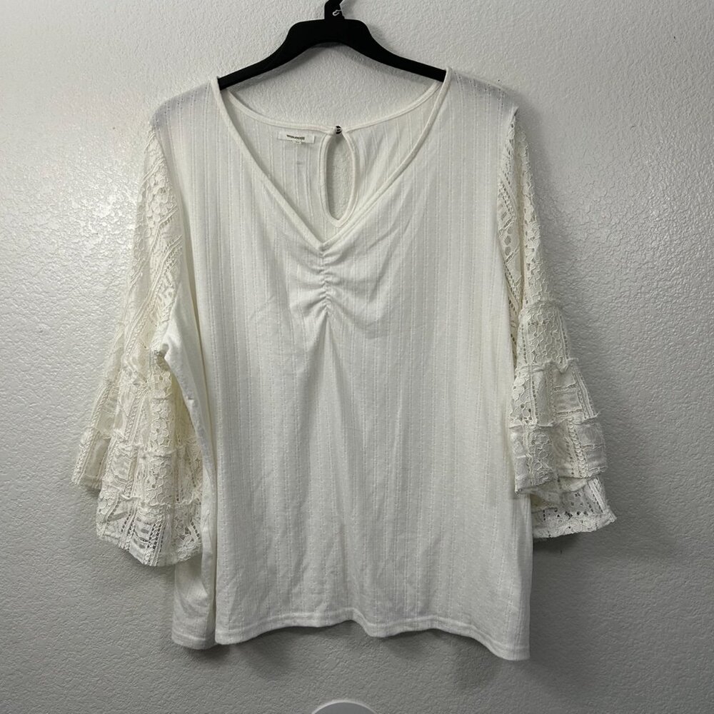 Maurices Ribbed Pointelle V-Neck 3/4 Lace Bell Sleeve Top - Picture 2 of 10